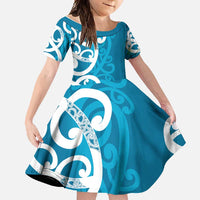 Azure Blue Maori Family Matching Mermaid Dress and Hawaiian Shirt Koru Kowhaiwhai LT7 Daughter's Dress Blue - Polynesian Pride