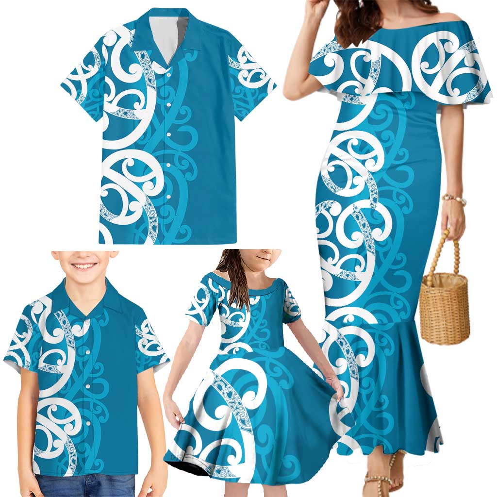 Azure Blue Maori Family Matching Mermaid Dress and Hawaiian Shirt Koru Kowhaiwhai - Polynesian Pride