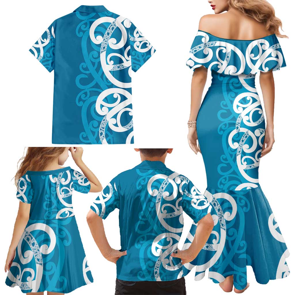 Azure Blue Maori Family Matching Mermaid Dress and Hawaiian Shirt Koru Kowhaiwhai LT7 - Polynesian Pride