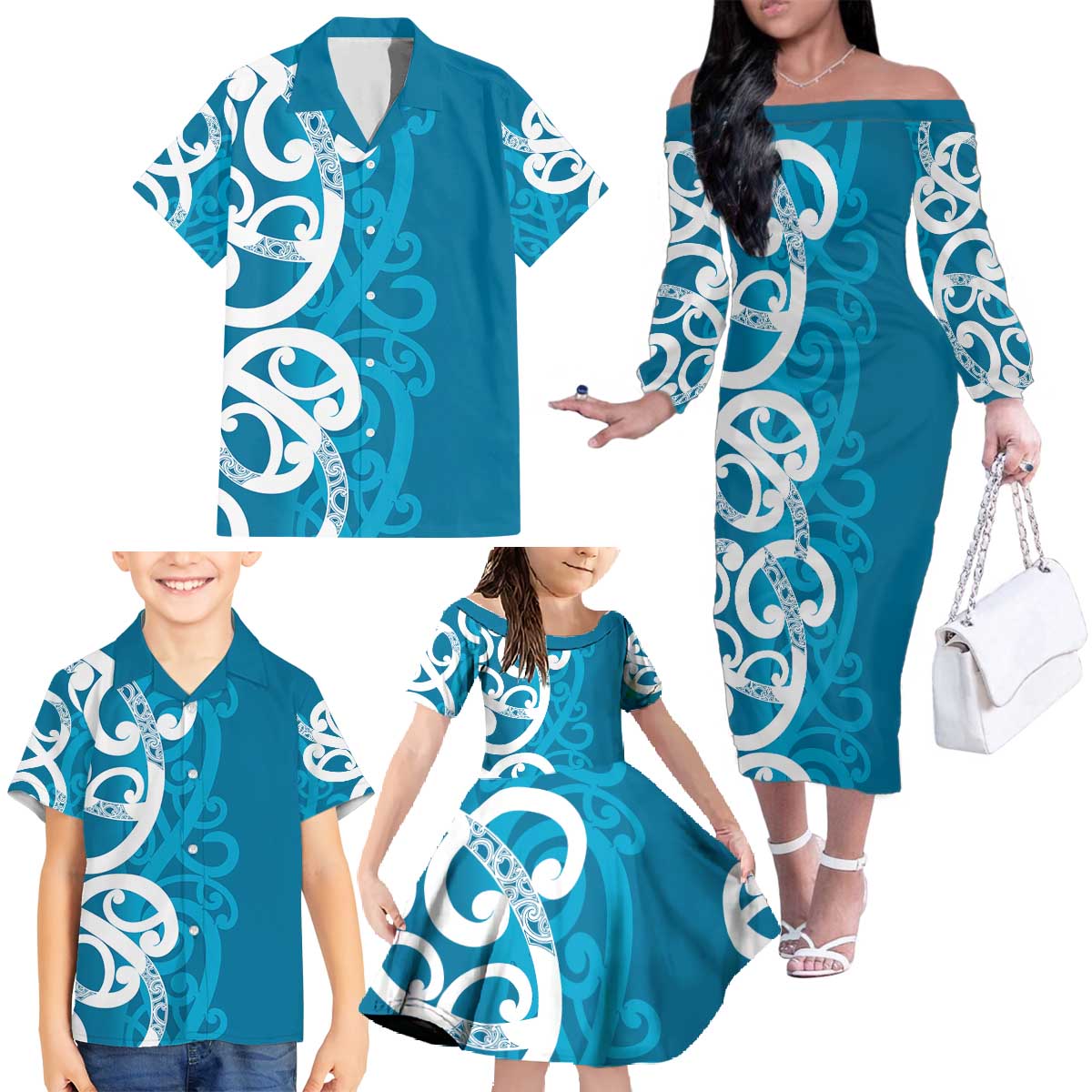 Azure Blue Maori Family Matching Off The Shoulder Long Sleeve Dress and Hawaiian Shirt Koru Kowhaiwhai LT7 - Polynesian Pride