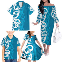 Azure Blue Maori Family Matching Off The Shoulder Long Sleeve Dress and Hawaiian Shirt Koru Kowhaiwhai LT7 - Polynesian Pride