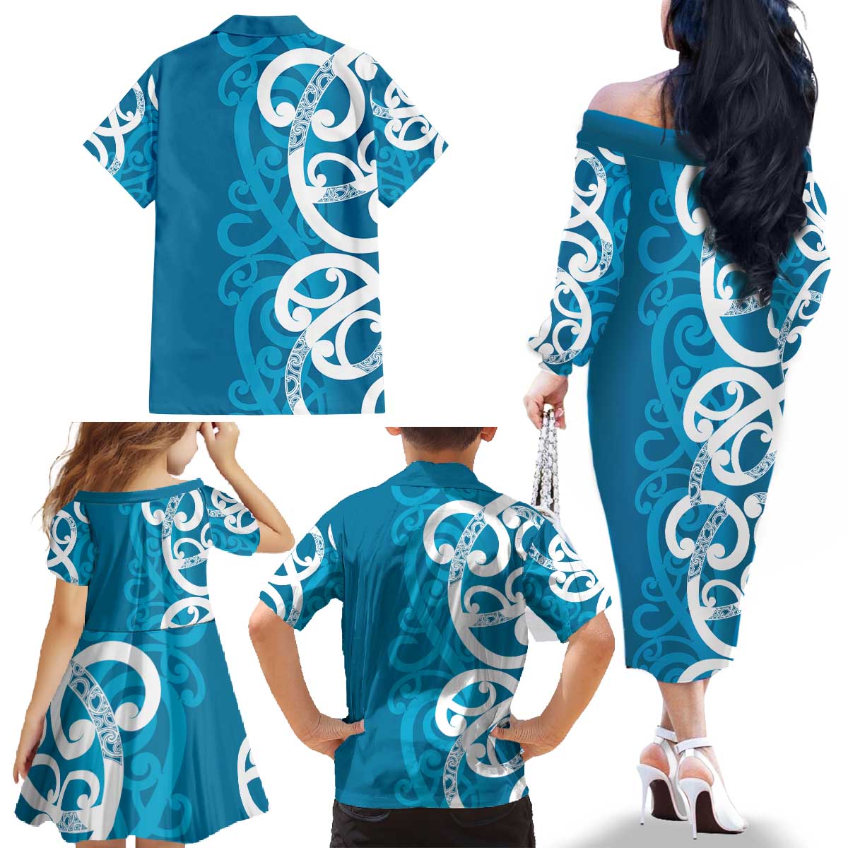 Azure Blue Maori Family Matching Off The Shoulder Long Sleeve Dress and Hawaiian Shirt Koru Kowhaiwhai LT7 - Polynesian Pride
