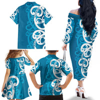 Azure Blue Maori Family Matching Off The Shoulder Long Sleeve Dress and Hawaiian Shirt Koru Kowhaiwhai LT7 - Polynesian Pride