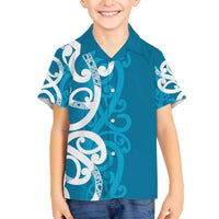 Azure Blue Maori Family Matching Off The Shoulder Long Sleeve Dress and Hawaiian Shirt Koru Kowhaiwhai LT7 Son's Shirt Blue - Polynesian Pride