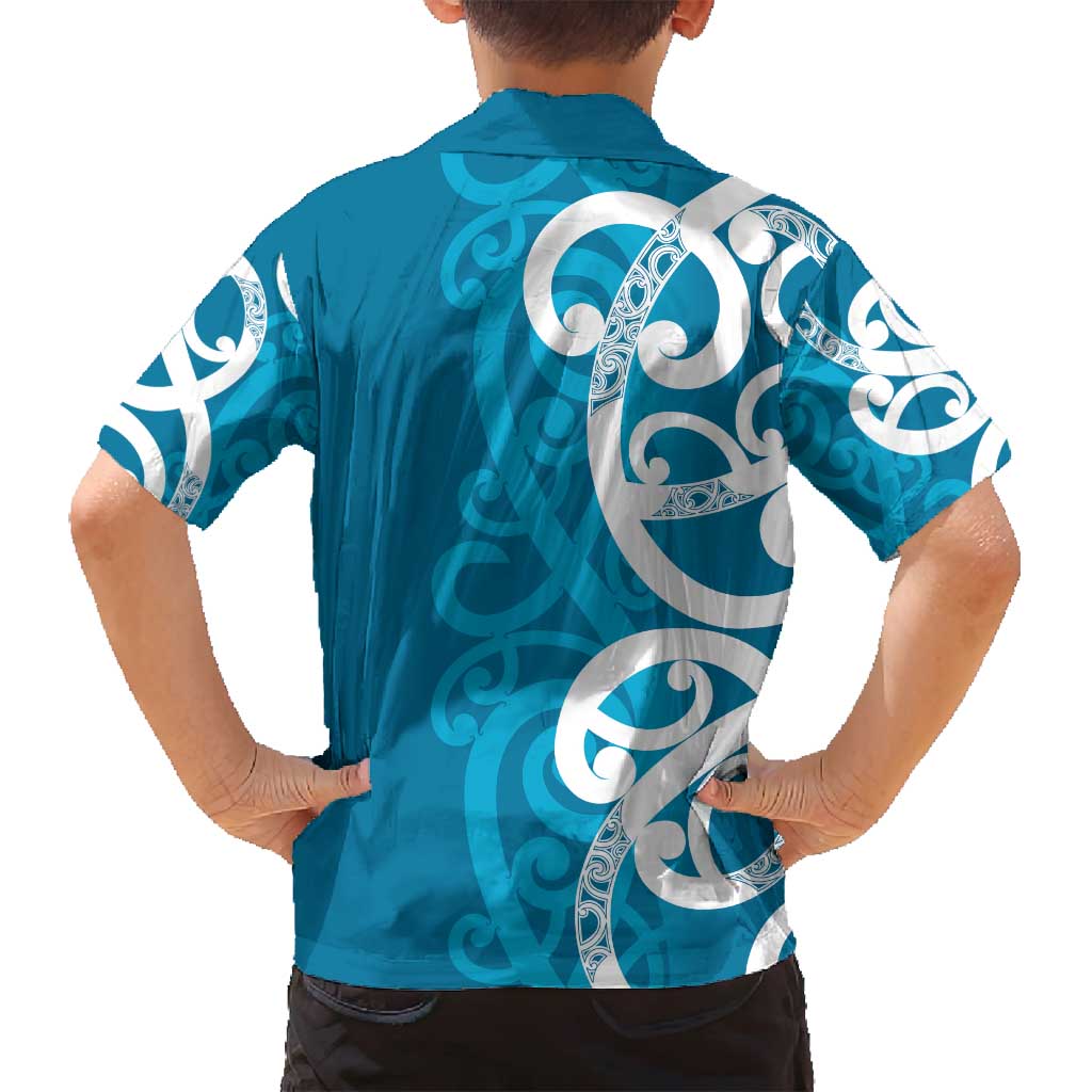 Azure Blue Maori Family Matching Off Shoulder Short Dress and Hawaiian Shirt Koru Kowhaiwhai LT7 - Polynesian Pride