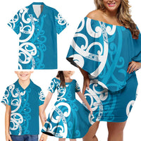 Azure Blue Maori Family Matching Off Shoulder Short Dress and Hawaiian Shirt Koru Kowhaiwhai LT7 - Polynesian Pride