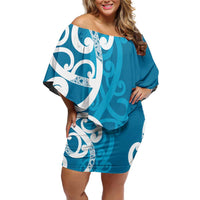 Azure Blue Maori Family Matching Off Shoulder Short Dress and Hawaiian Shirt Koru Kowhaiwhai LT7 Mom's Dress Blue - Polynesian Pride