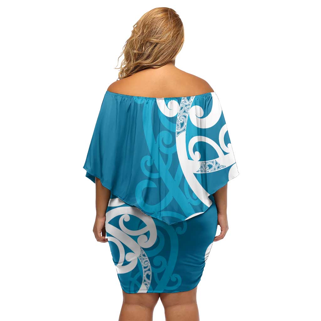 Azure Blue Maori Family Matching Off Shoulder Short Dress and Hawaiian Shirt Koru Kowhaiwhai LT7 - Polynesian Pride