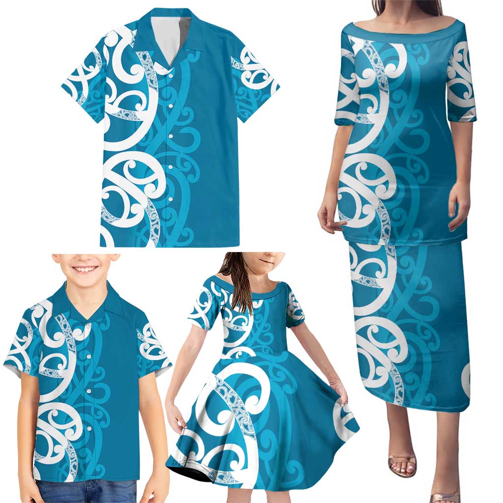 Azure Blue Maori Family Matching Puletasi and Hawaiian Shirt Koru Kowhaiwhai - Polynesian Pride