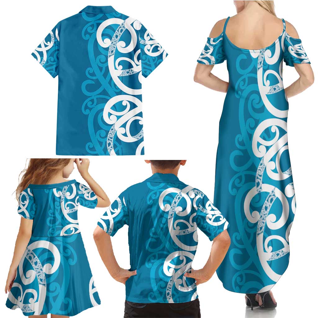 Azure Blue Maori Family Matching Summer Maxi Dress and Hawaiian Shirt Koru Kowhaiwhai LT7 - Polynesian Pride