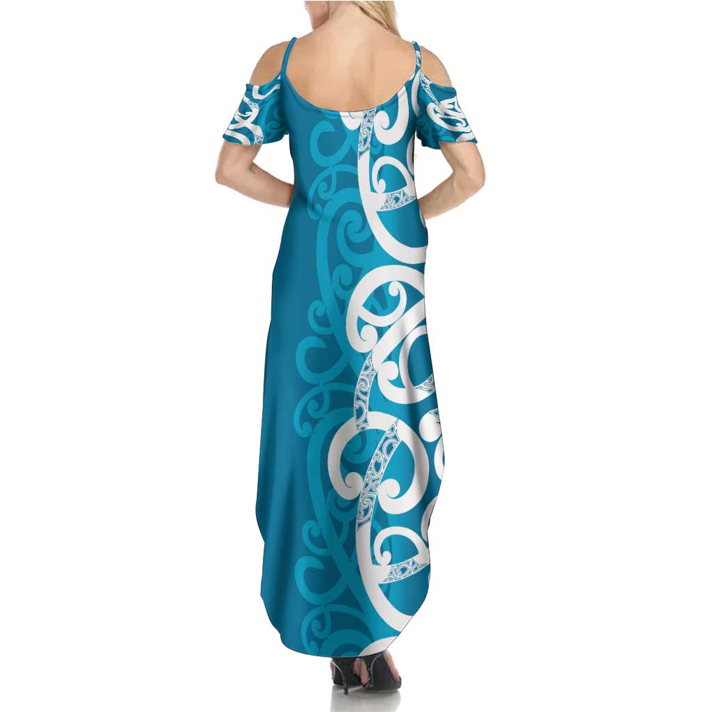 Azure Blue Maori Family Matching Summer Maxi Dress and Hawaiian Shirt Koru Kowhaiwhai LT7 - Polynesian Pride