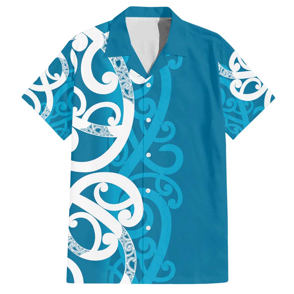 Azure Blue Maori Family Matching Tank Maxi Dress and Hawaiian Shirt Koru Kowhaiwhai LT7 Dad's Shirt - Short Sleeve Blue - Polynesian Pride