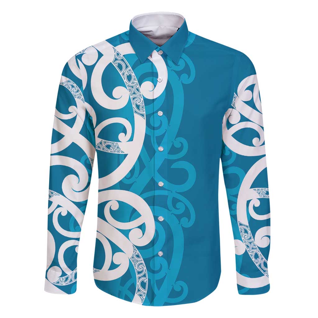 Azure Blue Maori Family Matching Tank Maxi Dress and Hawaiian Shirt Koru Kowhaiwhai LT7 Dad's Shirt - Long Sleeve Blue - Polynesian Pride