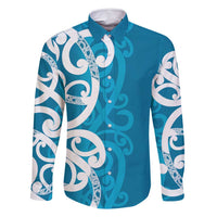 Azure Blue Maori Family Matching Tank Maxi Dress and Hawaiian Shirt Koru Kowhaiwhai LT7 Dad's Shirt - Long Sleeve Blue - Polynesian Pride