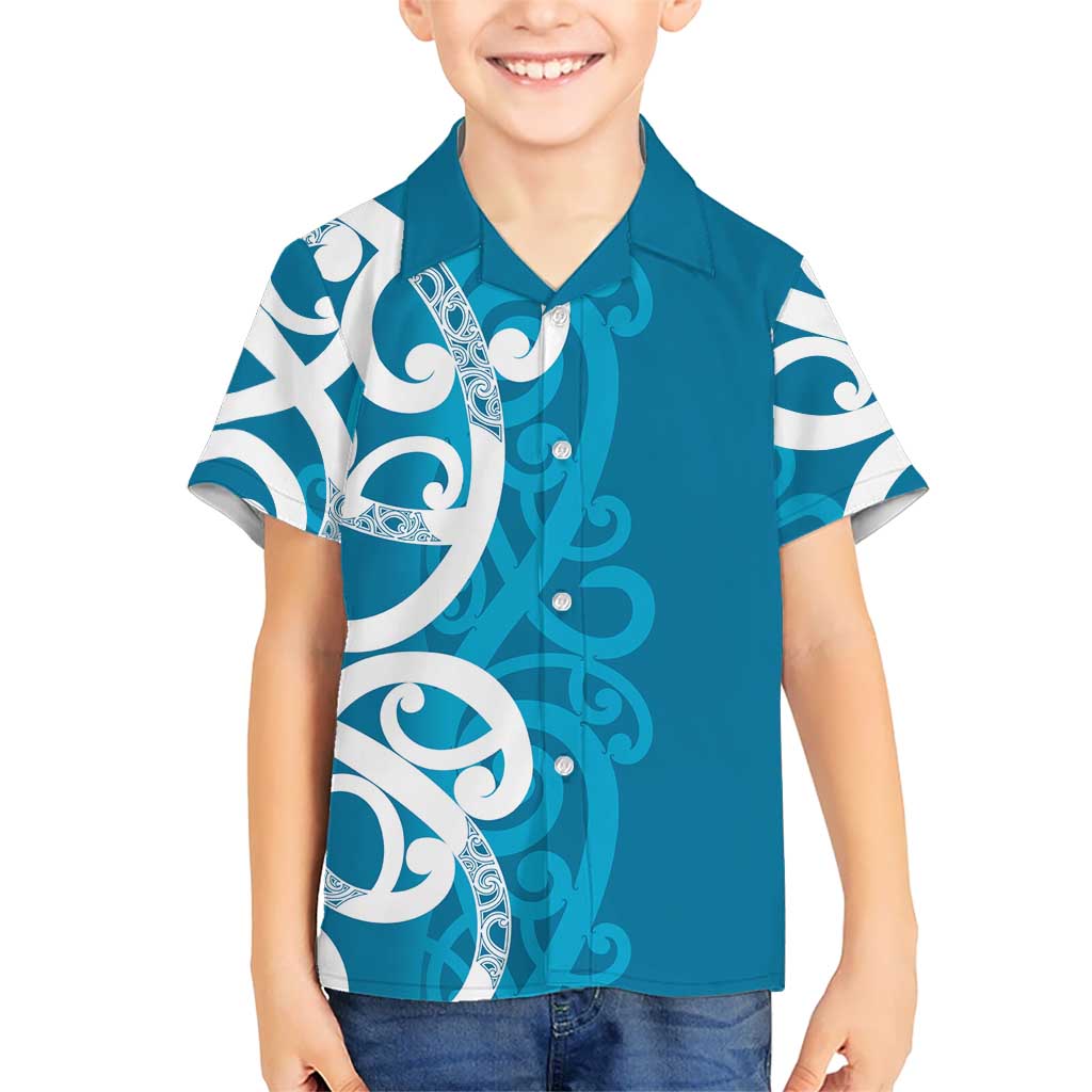 Azure Blue Maori Kid Hawaiian Shirt Koru Kowhaiwhai - Polynesian Pride