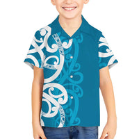 Azure Blue Maori Kid Hawaiian Shirt Koru Kowhaiwhai - Polynesian Pride