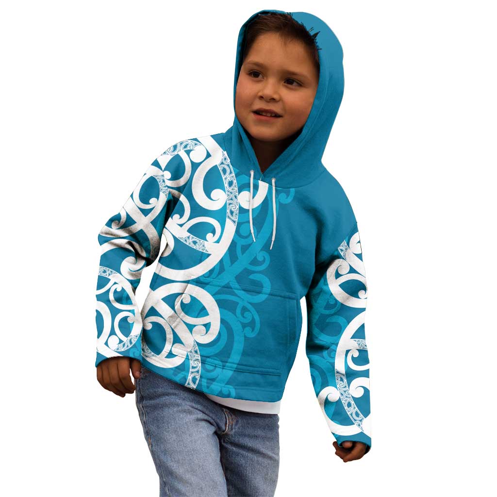 Azure Blue Maori Kid Hoodie Koru Kowhaiwhai - Polynesian Pride