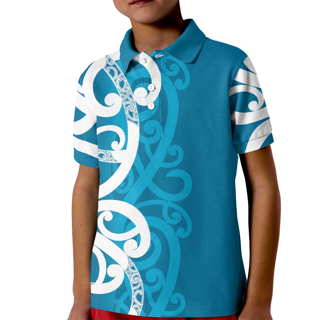 Azure Blue Maori Kid Polo Shirt Koru Kowhaiwhai - Polynesian Pride