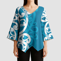 Azure Blue Maori Kimono Sleeve Blouse Koru Kowhaiwhai - Polynesian Pride