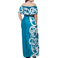 Azure Blue Maori Off Shoulder Maxi Dress Koru Kowhaiwhai - Polynesian Pride