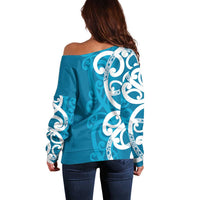 Azure Blue Maori Off Shoulder Sweater Koru Kowhaiwhai - Polynesian Pride