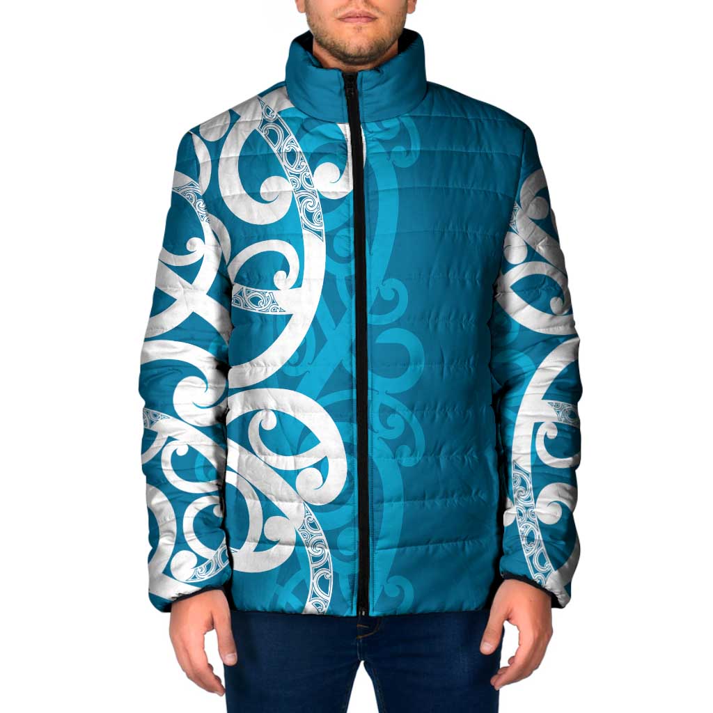 Azure Blue Maori Padded Jacket Koru Kowhaiwhai - Polynesian Pride