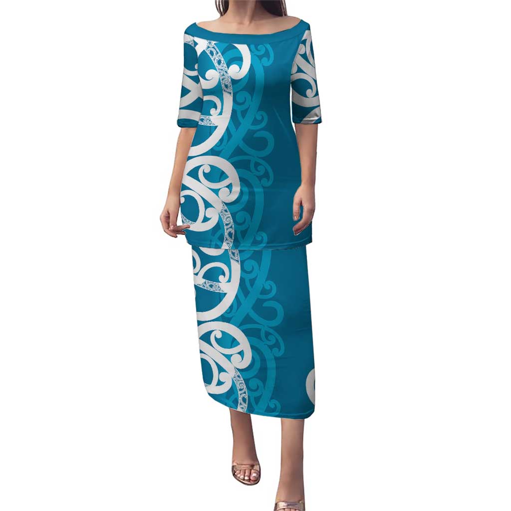 Azure Blue Maori Puletasi Koru Kowhaiwhai - Polynesian Pride
