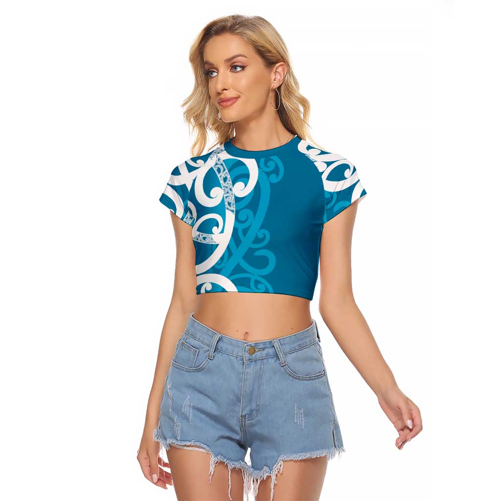 Azure Blue Maori Raglan Cropped T Shirt Koru Kowhaiwhai - Polynesian Pride