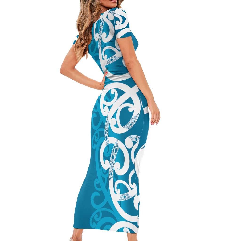 Azure Blue Maori Short Sleeve Bodycon Dress Koru Kowhaiwhai - Polynesian Pride
