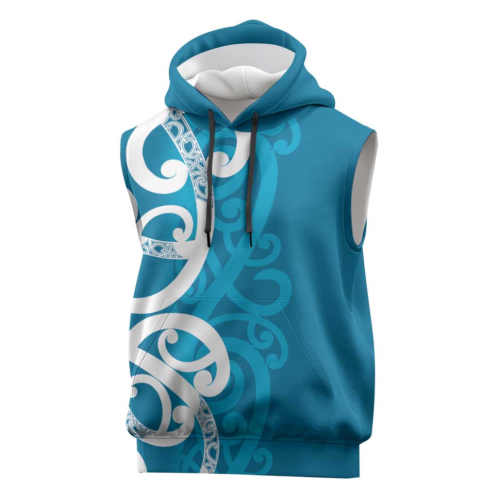 Azure Blue Maori Sleeveless Hoodie Koru Kowhaiwhai - Polynesian Pride