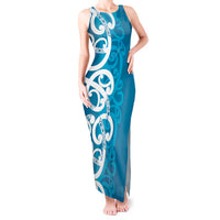 Azure Blue Maori Tank Maxi Dress Koru Kowhaiwhai - Polynesian Pride