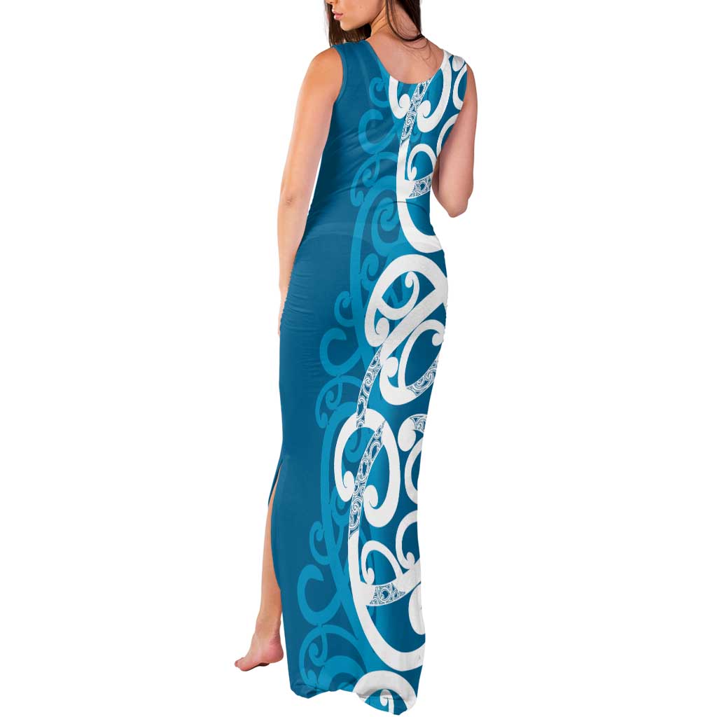 Azure Blue Maori Tank Maxi Dress Koru Kowhaiwhai - Polynesian Pride