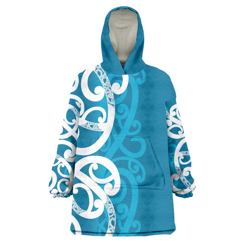 Azure Blue Maori Wearable Blanket Hoodie Koru Kowhaiwhai - Polynesian Pride