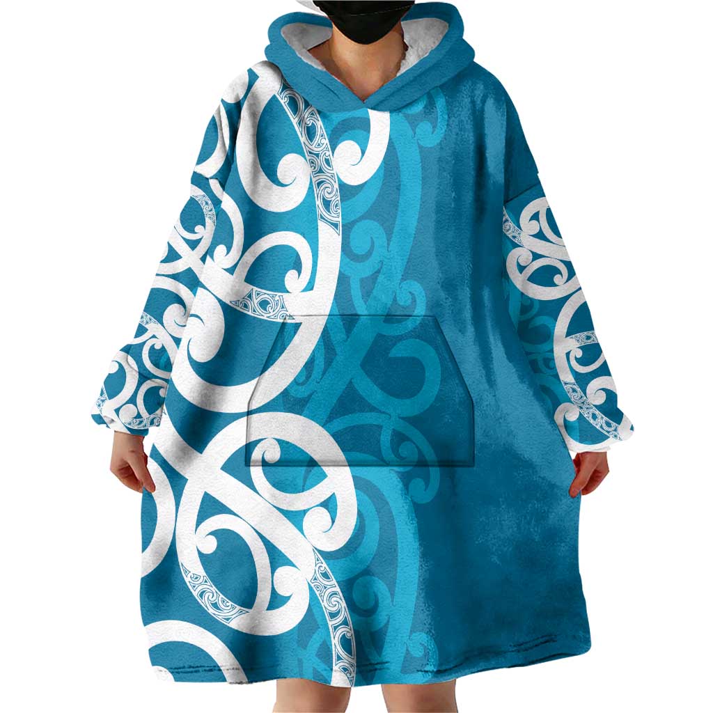 Azure Blue Maori Wearable Blanket Hoodie Koru Kowhaiwhai - Polynesian Pride