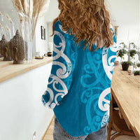 Azure Blue Maori Women Casual Shirt Koru Kowhaiwhai - Polynesian Pride