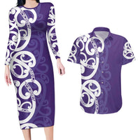 Violet Green Maori Couples Matching Long Sleeve Bodycon Dress and Hawaiian Shirt Koru Kowhaiwhai LT7 Violet - Polynesian Pride