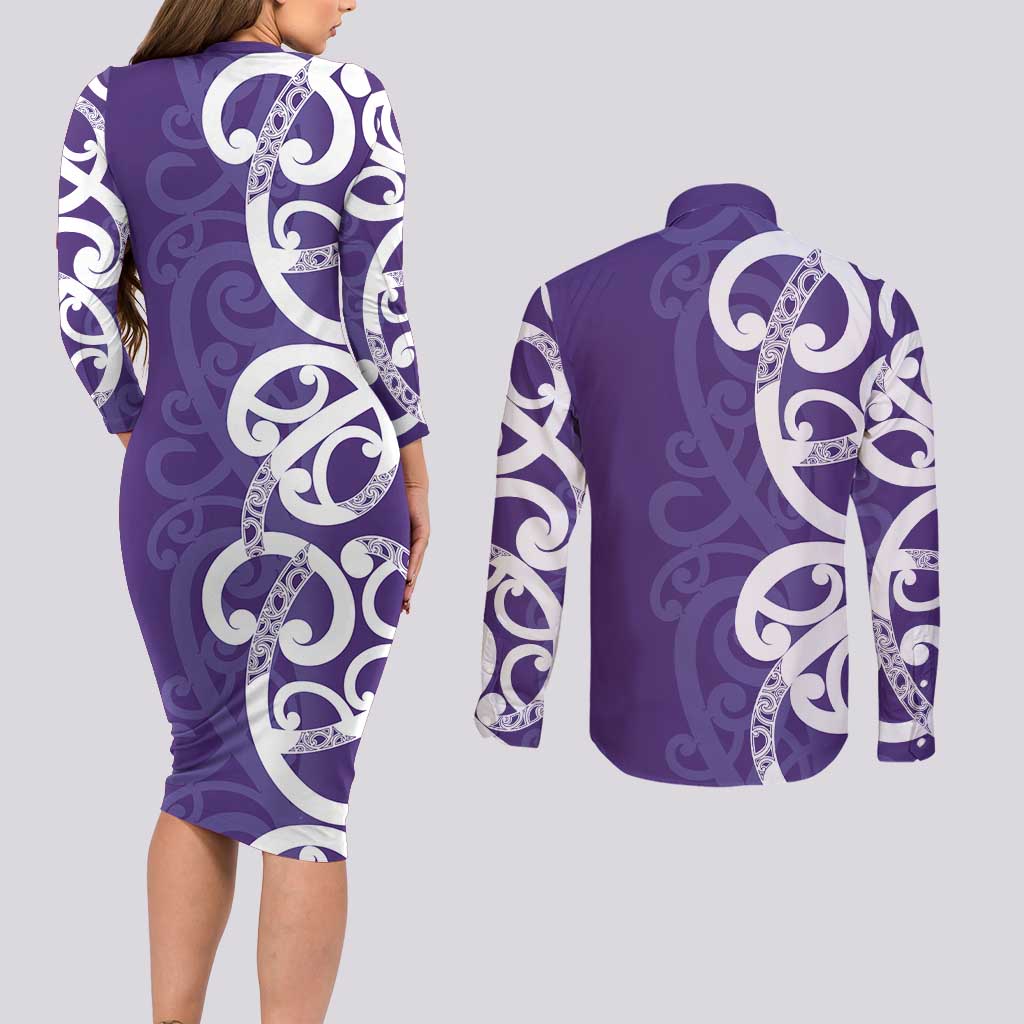 Violet Green Maori Couples Matching Long Sleeve Bodycon Dress and Long Sleeve Button Shirt Koru Kowhaiwhai - Polynesian Pride