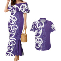 Violet Green Maori Couples Matching Mermaid Dress and Hawaiian Shirt Koru Kowhaiwhai - Polynesian Pride