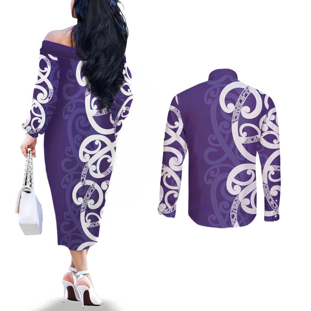 Violet Green Maori Couples Matching Off The Shoulder Long Sleeve Dress and Long Sleeve Button Shirt Koru Kowhaiwhai - Polynesian Pride
