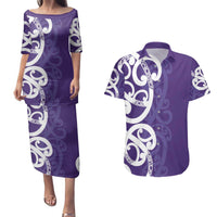 Violet Green Maori Couples Matching Puletasi and Hawaiian Shirt Koru Kowhaiwhai - Polynesian Pride