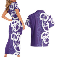 Violet Green Maori Couples Matching Short Sleeve Bodycon Dress and Hawaiian Shirt Koru Kowhaiwhai LT7 - Polynesian Pride