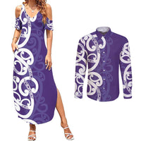 Violet Green Maori Couples Matching Summer Maxi Dress and Long Sleeve Button Shirt Koru Kowhaiwhai - Polynesian Pride