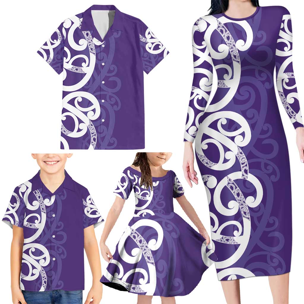 Violet Green Maori Family Matching Long Sleeve Bodycon Dress and Hawaiian Shirt Koru Kowhaiwhai LT7 - Polynesian Pride