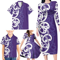 Violet Green Maori Family Matching Long Sleeve Bodycon Dress and Hawaiian Shirt Koru Kowhaiwhai LT7 - Polynesian Pride