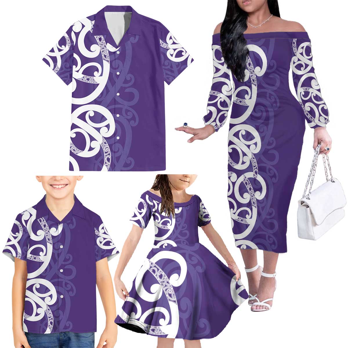 Violet Green Maori Family Matching Off The Shoulder Long Sleeve Dress and Hawaiian Shirt Koru Kowhaiwhai LT7 - Polynesian Pride