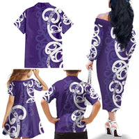 Violet Green Maori Family Matching Off The Shoulder Long Sleeve Dress and Hawaiian Shirt Koru Kowhaiwhai LT7 - Polynesian Pride