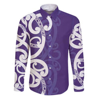 Violet Green Maori Family Matching Off The Shoulder Long Sleeve Dress and Hawaiian Shirt Koru Kowhaiwhai LT7 Dad's Shirt - Long Sleeve Violet - Polynesian Pride