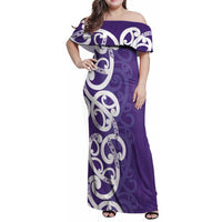 Violet Green Maori Family Matching Off Shoulder Maxi Dress and Hawaiian Shirt Koru Kowhaiwhai LT7 Mom's Dress Violet - Polynesian Pride