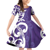Violet Green Maori Family Matching Off Shoulder Short Dress and Hawaiian Shirt Koru Kowhaiwhai LT7 Daughter's Dress Violet - Polynesian Pride