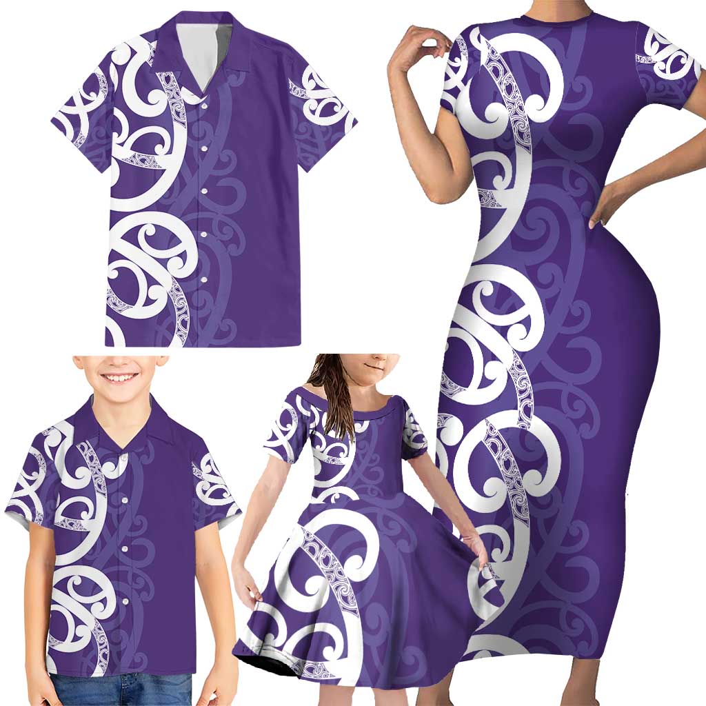 Violet Green Maori Family Matching Short Sleeve Bodycon Dress and Hawaiian Shirt Koru Kowhaiwhai LT7 - Polynesian Pride